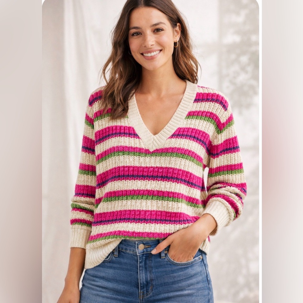 LOFT V-Neck Sweater with Pink, Green, and Cream Stripes